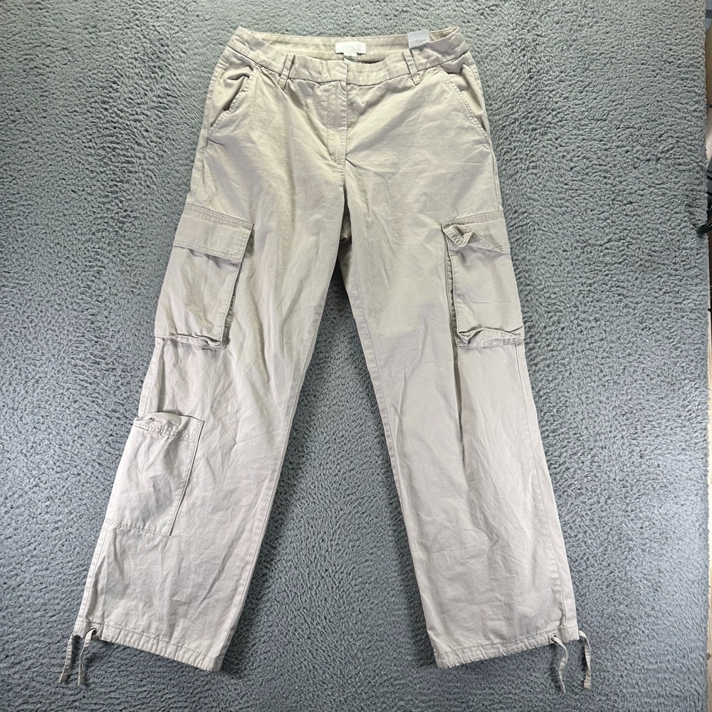 H&M Pants Women's 8 Beige Cotton Cargo Straight Baggy Travel Workwear Utility